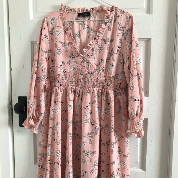 Suzanne Betro | Pink Floral Ruffle-Sleeve Empire Waist Dress - Large - Picture 2 of 4